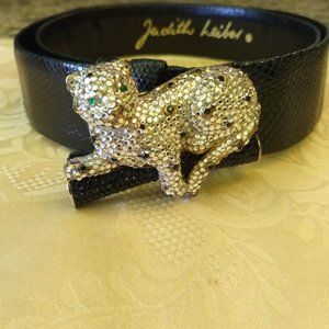 JUDITH LEIBER Silver and rhinestones Panther Buckle with Leopard.Leather Adjust.